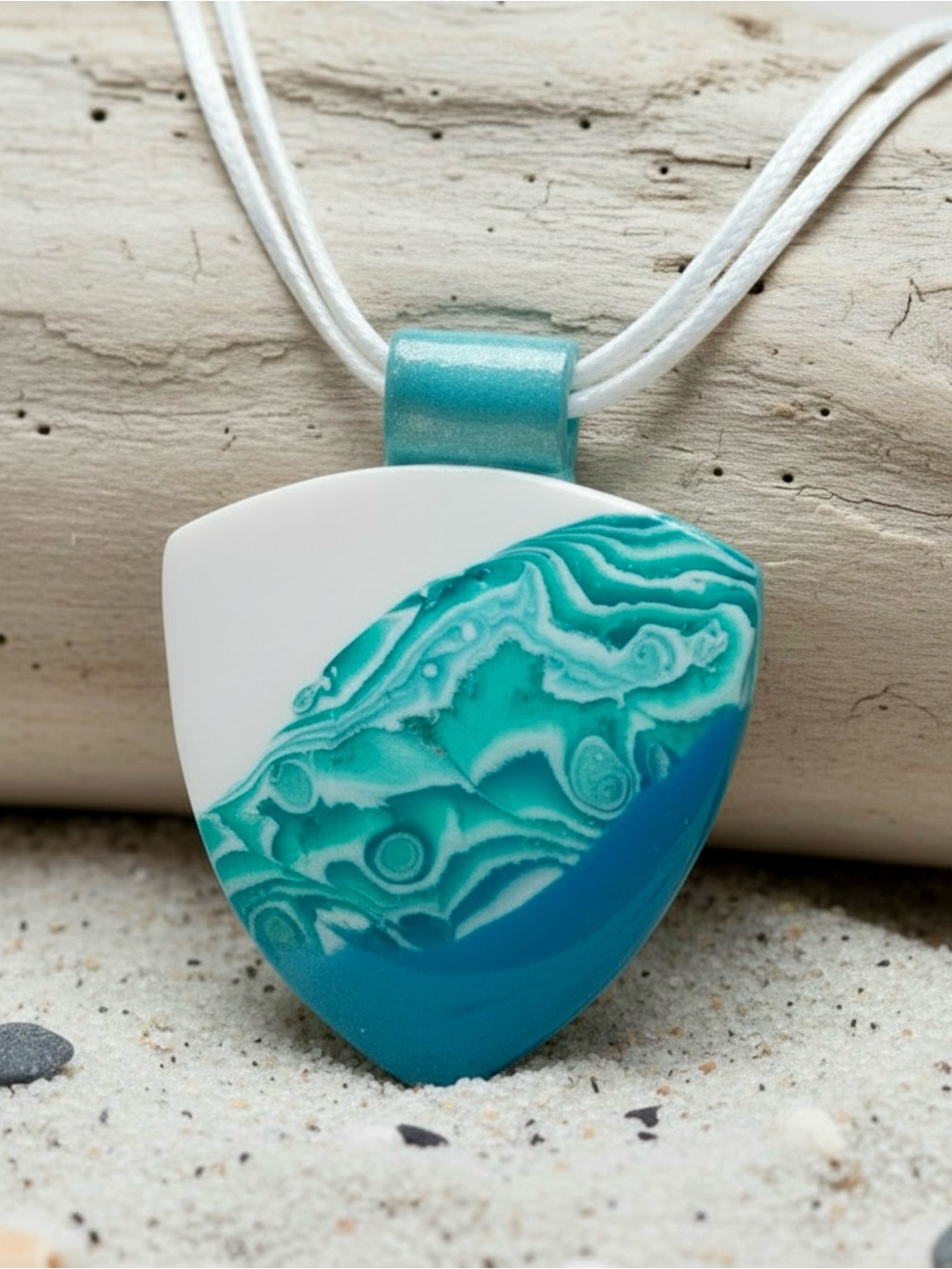 Blue & Green Swirl Handmade Polymer Clay Pendant Necklace Stainless Steel Clasp